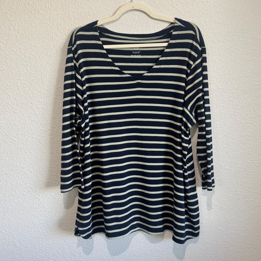 J.‎ Jill Pima Cotton 3/4 Sleeve V-Neck Striped Tee 2X Nautical Preppy Casual